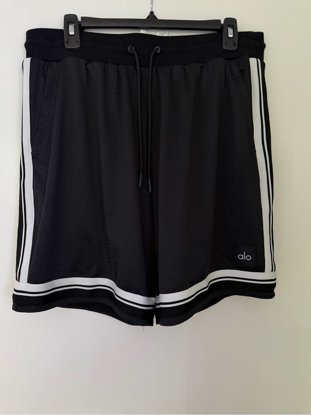 ALO Yoga Men’s Black Athletic Shorts with White Stripes